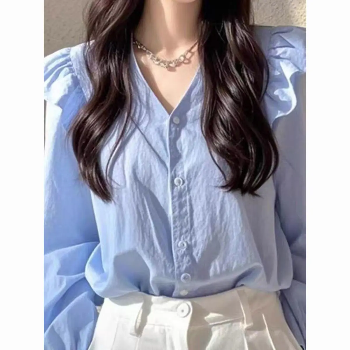 

Light Luxury and High-end French Style Shirt Plus Size Women Tops Women's Medium Long Ruffle Edge Splicing Shirt