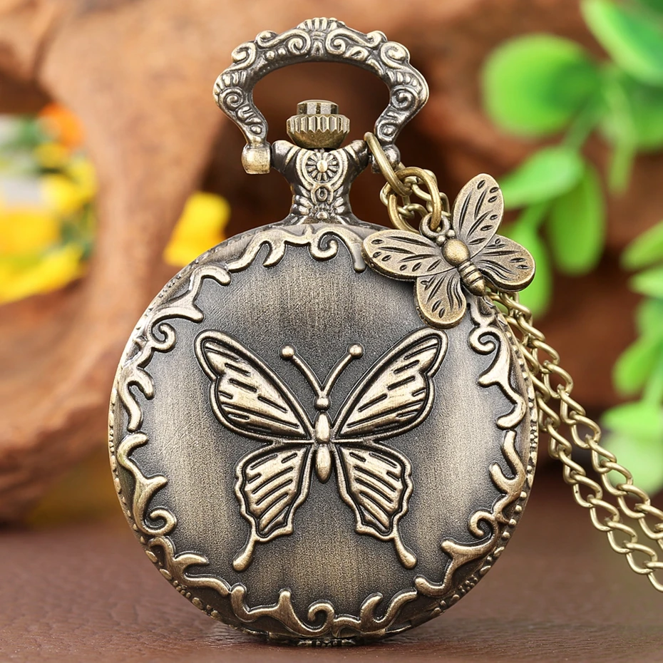 

Retro Antique 3D Butterfly Design Quartz Pocket Watch Chain Steampunk Necklace Pendant Fob Chain Watch with Butterfly Accessory