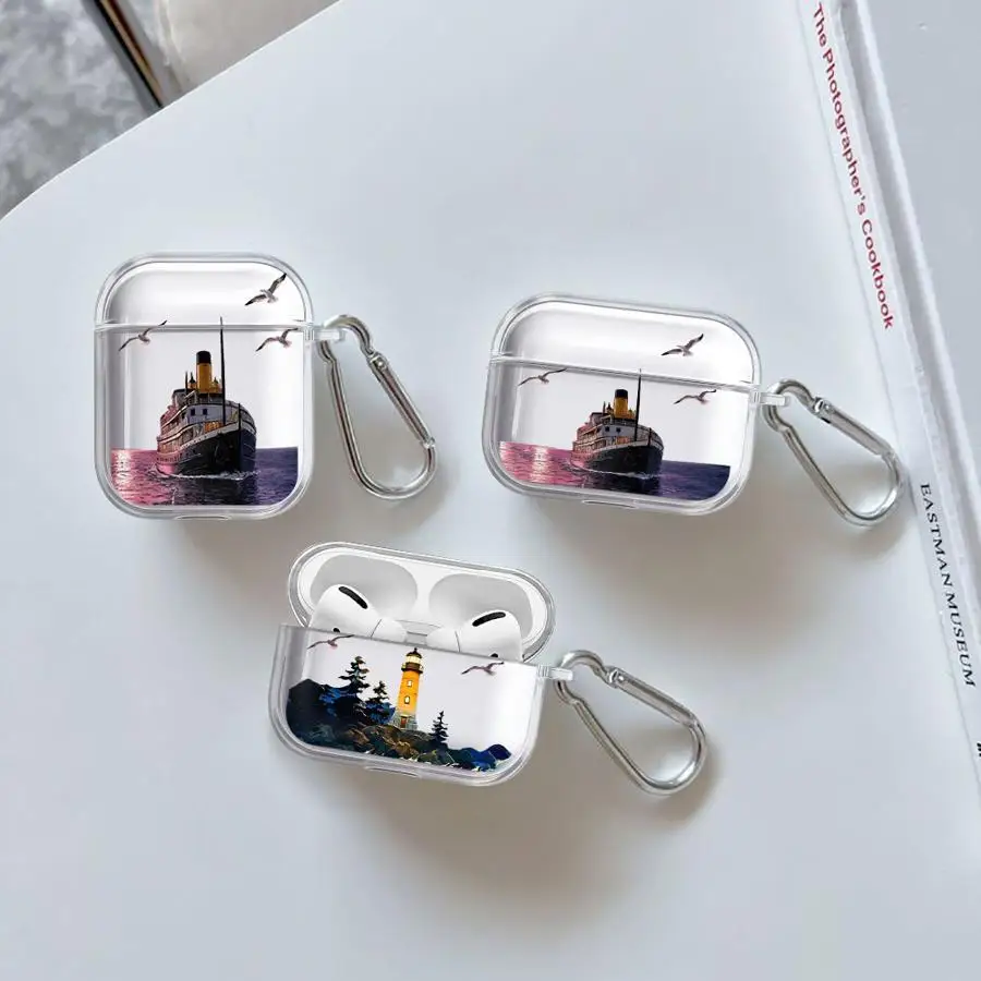 Oil Painting Lighthouse Ship Clear Earphone Cases Cover Case For Airpods Pro2 1 3 Pro 4 Pro3 2