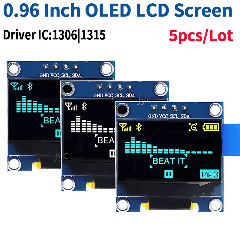 Módulo de exibição OLED para Arduino, Placa de tela LCD, Serial IIC, Branco e Azul, 0,96 polegadas, 128x64, I2C, SSD1306, 12864, 5 PCs/Lot