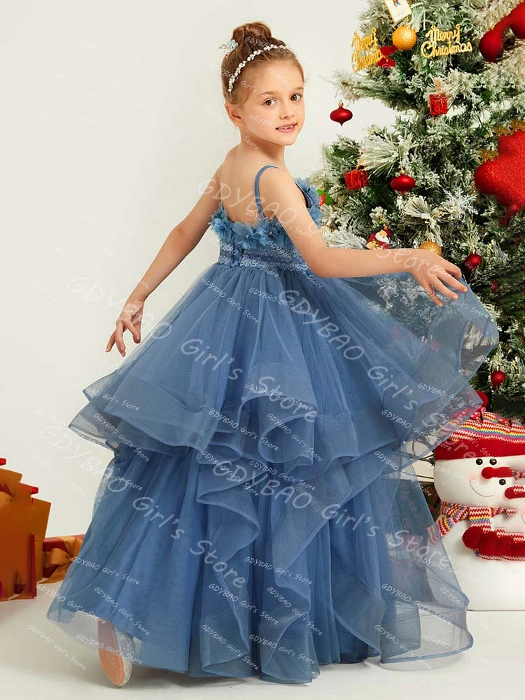 Tule em camadas vestidos da menina de flor para o casamento crianças cinta princesa pageant vestidos personalizado 3d floral renda comunhão vestido festa