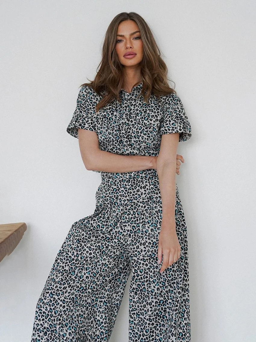 

Marthaqiqi Casual Printing Ladies Pajamas Suit Short Sleeve Nightie Crop Top Sleepwear Turn-Down Collar Pyjamas Pants Pijama Set