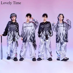 Girls K-pop Shiny Sweatshirt Street Dance Silver Cargo Pants Boys Hip Hop Clothes Set Kids Hip Hop Jazz Costume Child Streetwear