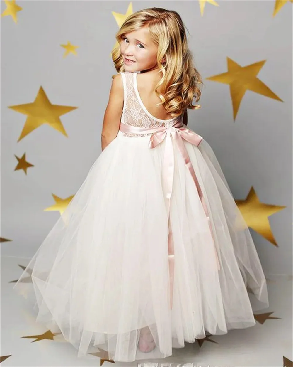 White O-Neck Sleeveless Flower Girl Dress For Wedding Princess Girls Pageant Dress Lace Appliques A-Line Tulle Kids Vestidos