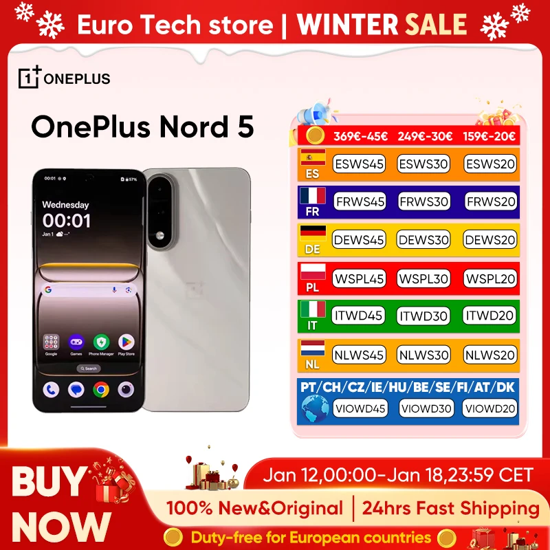 OnePlus Nord 5 Smartphone 5G Snapdragon 8s Gen 3 Écran AMOLED 6,83" 144 Hz 5200 mAh 80 W SUPERVOOC Charge 50 MP Doubles caméras