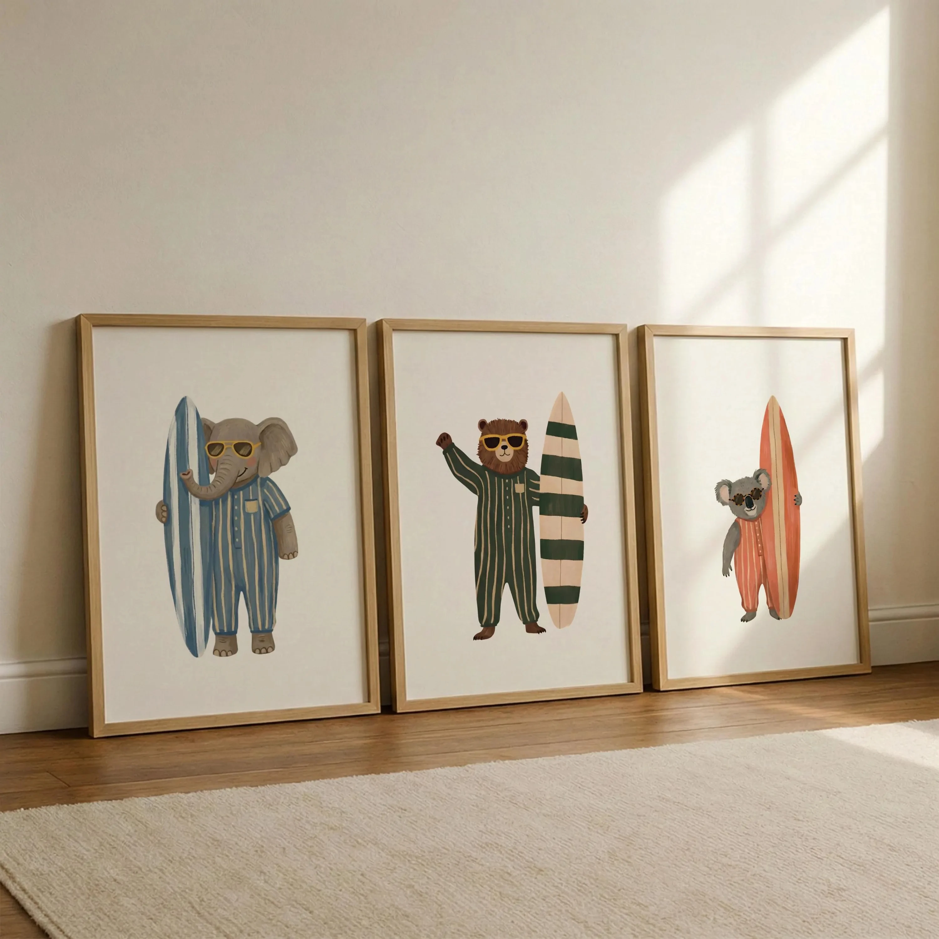Retro Surfing Animals Wall Art Set of 3, Striped Surf Nursery Decor, Physical Kids Room Posters, Neutral Boy Room Animal Art