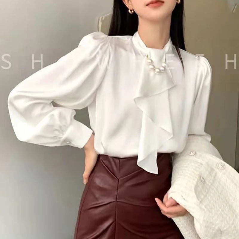 Women Satin Bow Beads Chic Luxury Design Elegant Blouses Fashion White Office Lady Business Casual Shirts Long Sleeve Tops Blusa