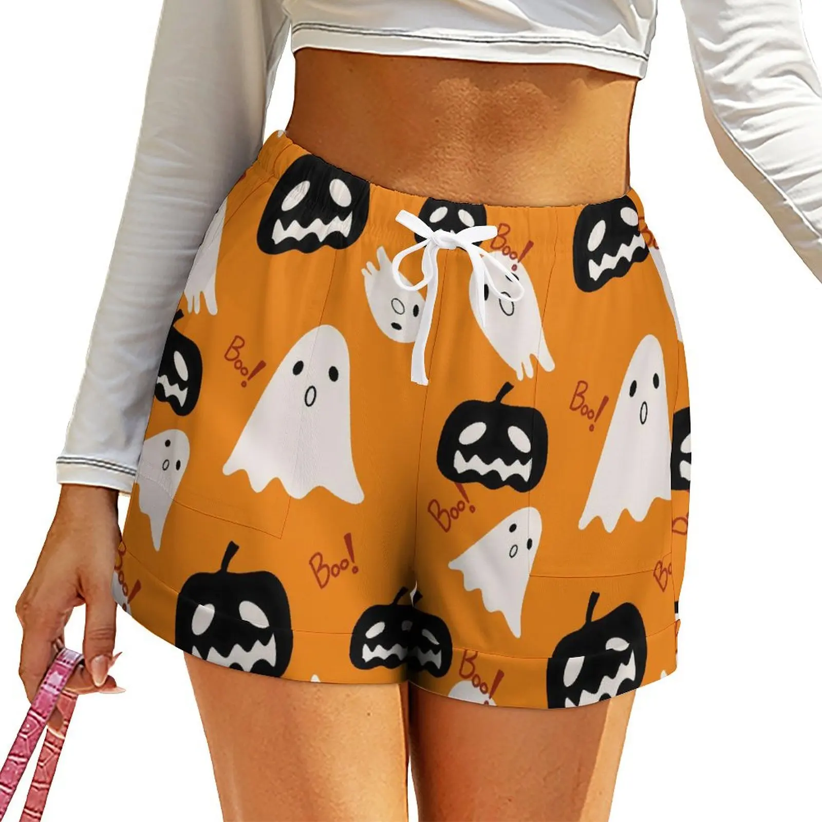 Happy Haunts Shorts Elastic High Waist Sport Shorts Womens Casual Oversized Short Pants Summer Graphic Bottoms