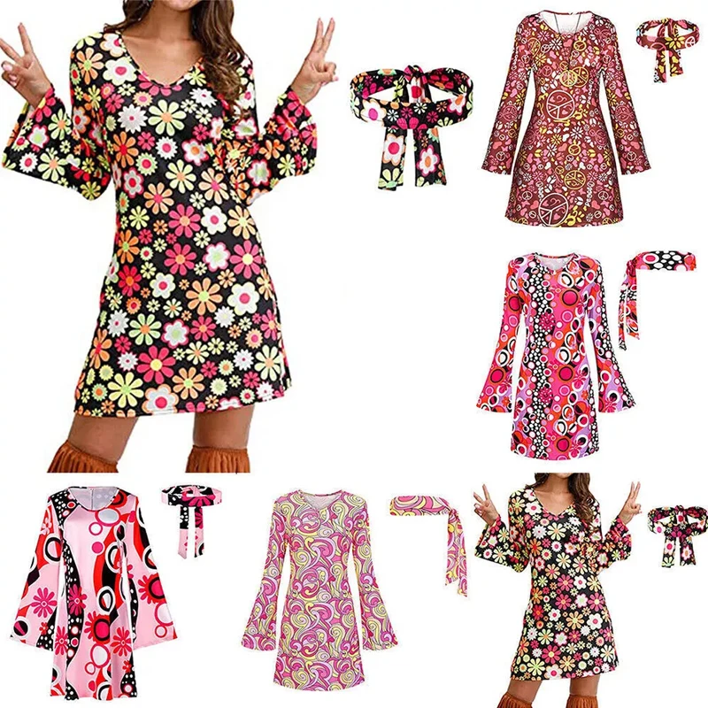 

Women's Hippie 70' S Disco Costume Fashion Printed Round Neck Long Sleeve Dress + Headscarf Adult Fancy Dress Partywear