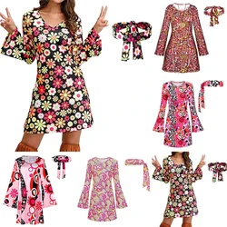 Women's Hippie 70' S Disco Costume Fashion Printed Round Neck Long Sleeve Dress + Headscarf Adult Fancy Dress Partywear