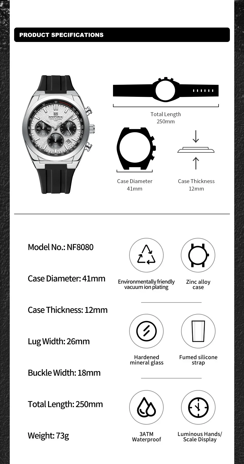 NAVIFORCE Men's Quartz Watch Luminous Hands Silicone Strap Multifunctional Chronograph Watch 3ATM Waterproof  Gift