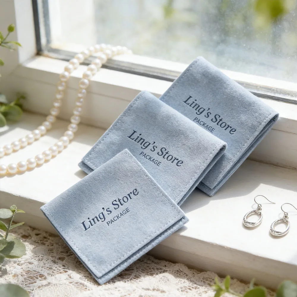 

50pcs Personalized Logo Baby Blue Microfiber Velvet Bag Envelope Suede Pouch Earring Ring Bracelet Pendant Organizer For Wedding