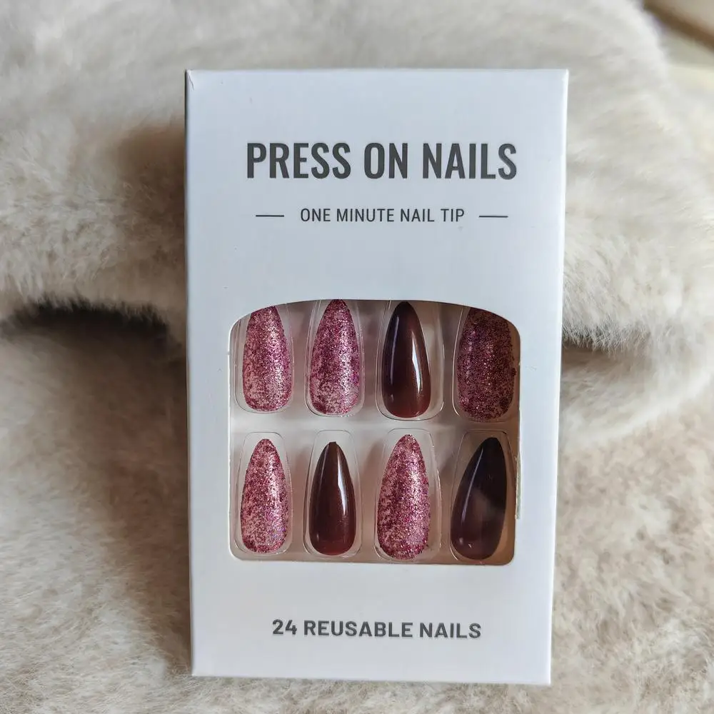 Uñas Postizas de Color Rojo Cereza Clásico y Moderno, con Destellos Blancos, Estilo Spicy Girl, con Brillo Rosa