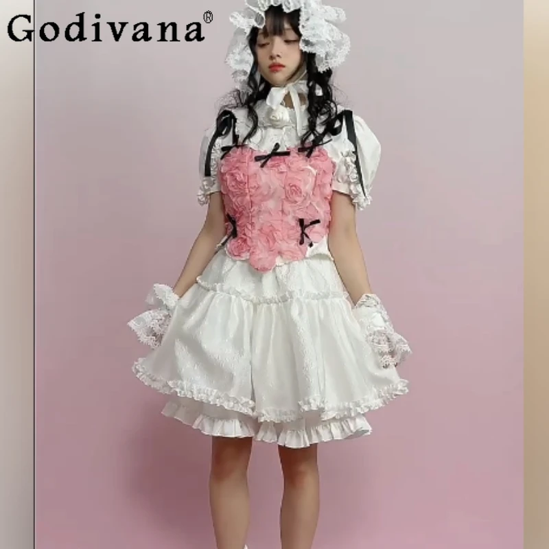 Sweet Girl Rose Three-dimensional Jacquard Contrasting Color Bow Strap T-shirt Sexy Fashion Versatile Irregular Lolita Tops
