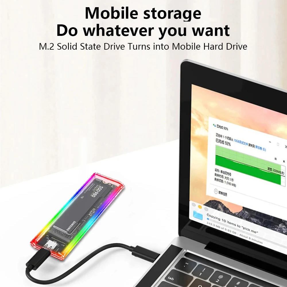 RGB M2 NVMe PCIE SSD Case M.2 NGFF SATA SSD Enclosure 10Gbps M.2 to USB Transparent Hard Drive Enclosure for M Key M&B Key SSD