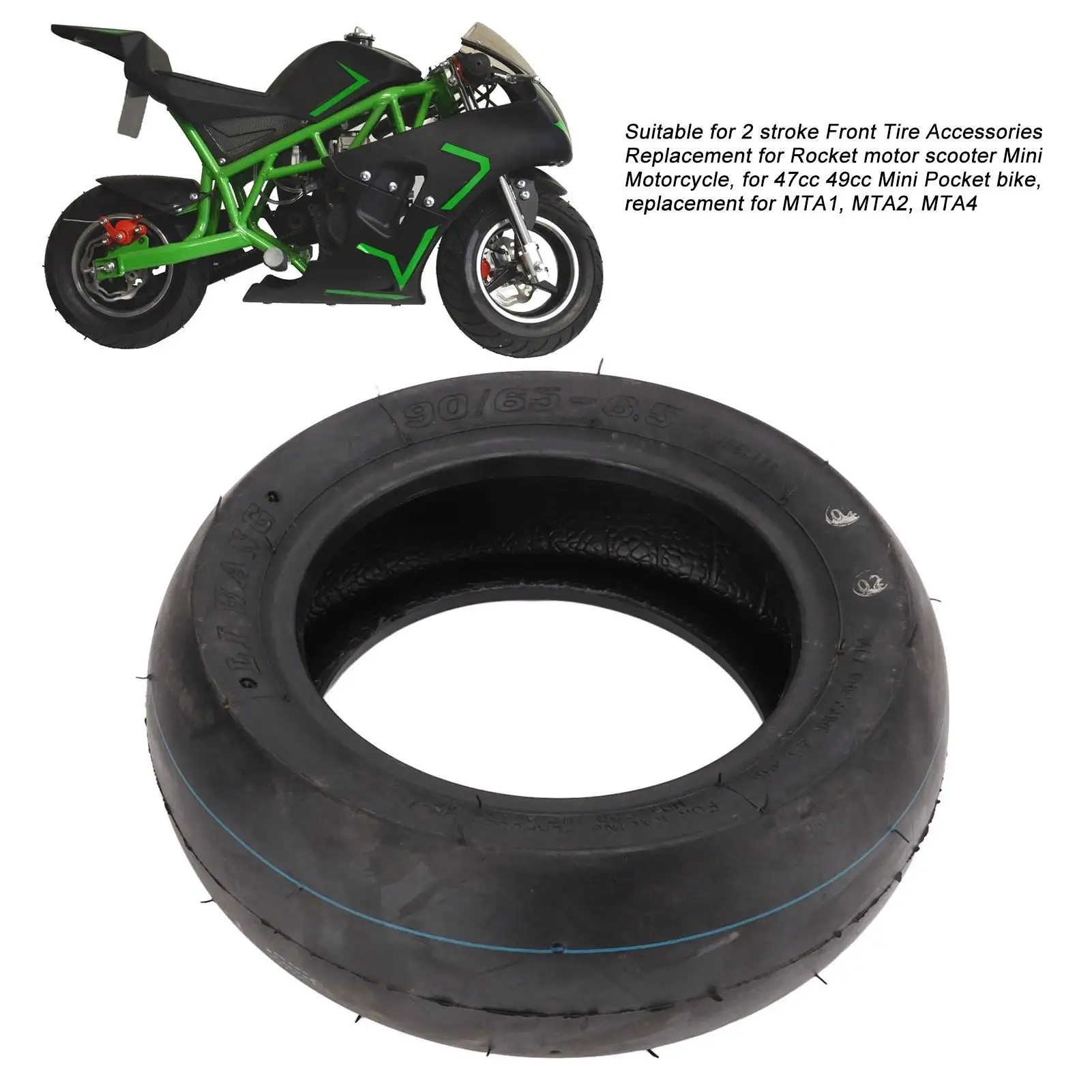 Lightweight Puncture Resistant Mini Motorcycle Tire 90/65-6.5in for 2 Stroke 47cc 49cc Pocket Bike - Heavy Duty