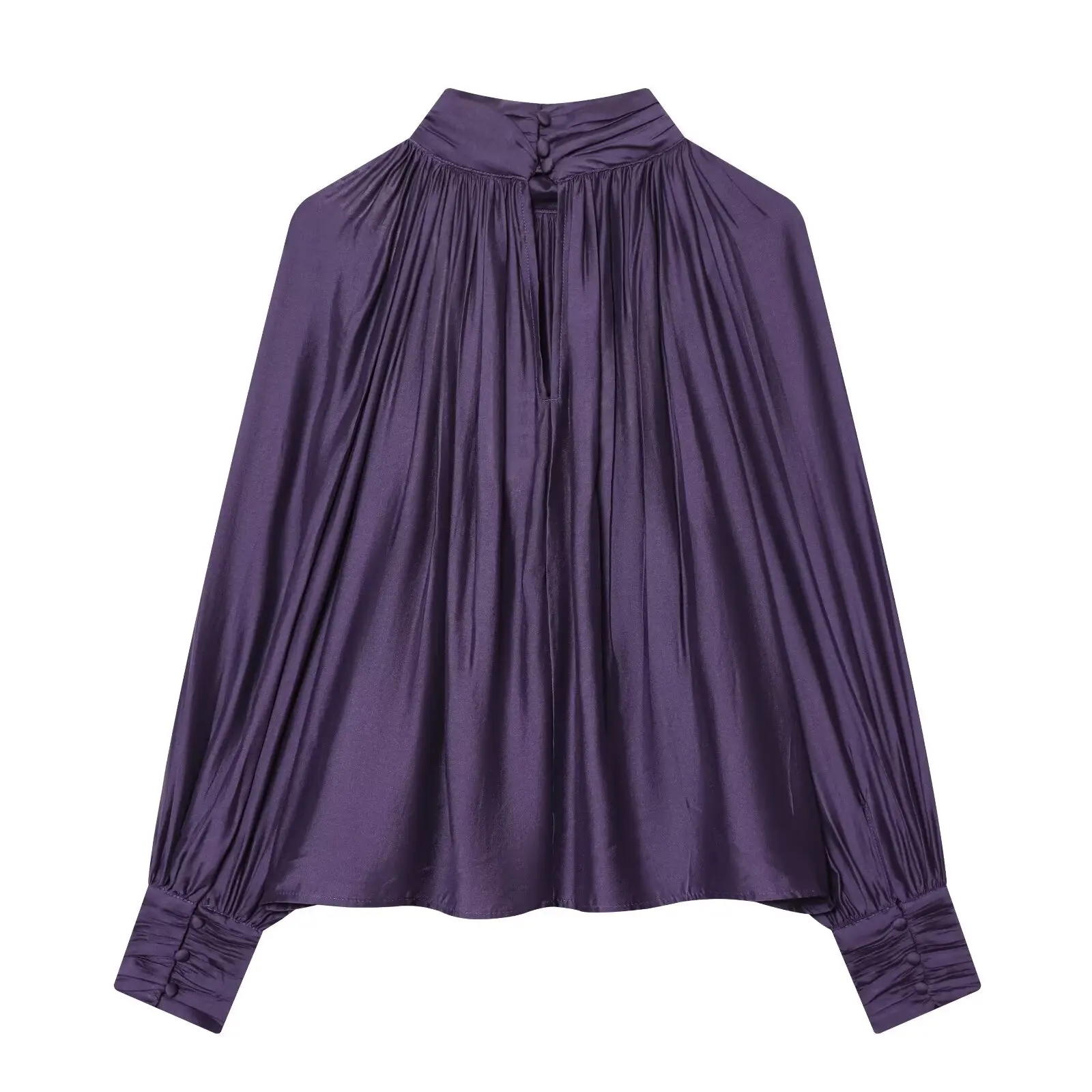 BSAY 2026 Französische Minimalistische Damen-Satinbluse mit Stehkragen, gerafftem Design, Laternenärmeln, lockerem Schnitt, glänzend, elegant, für Bürokleidung, Oberteil – Detail 8