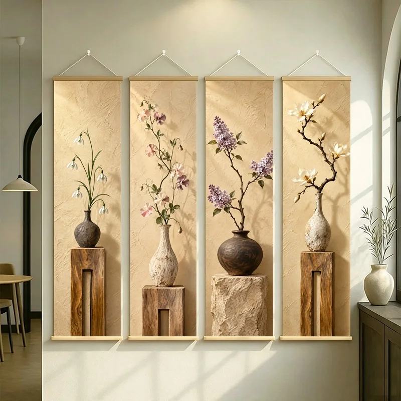 Wall Decor Lilac and Sweet Pea, Natural Wabi-Sabi Botanical Silver Shimmer Canvas Hanging Scroll for Japandi Living Room