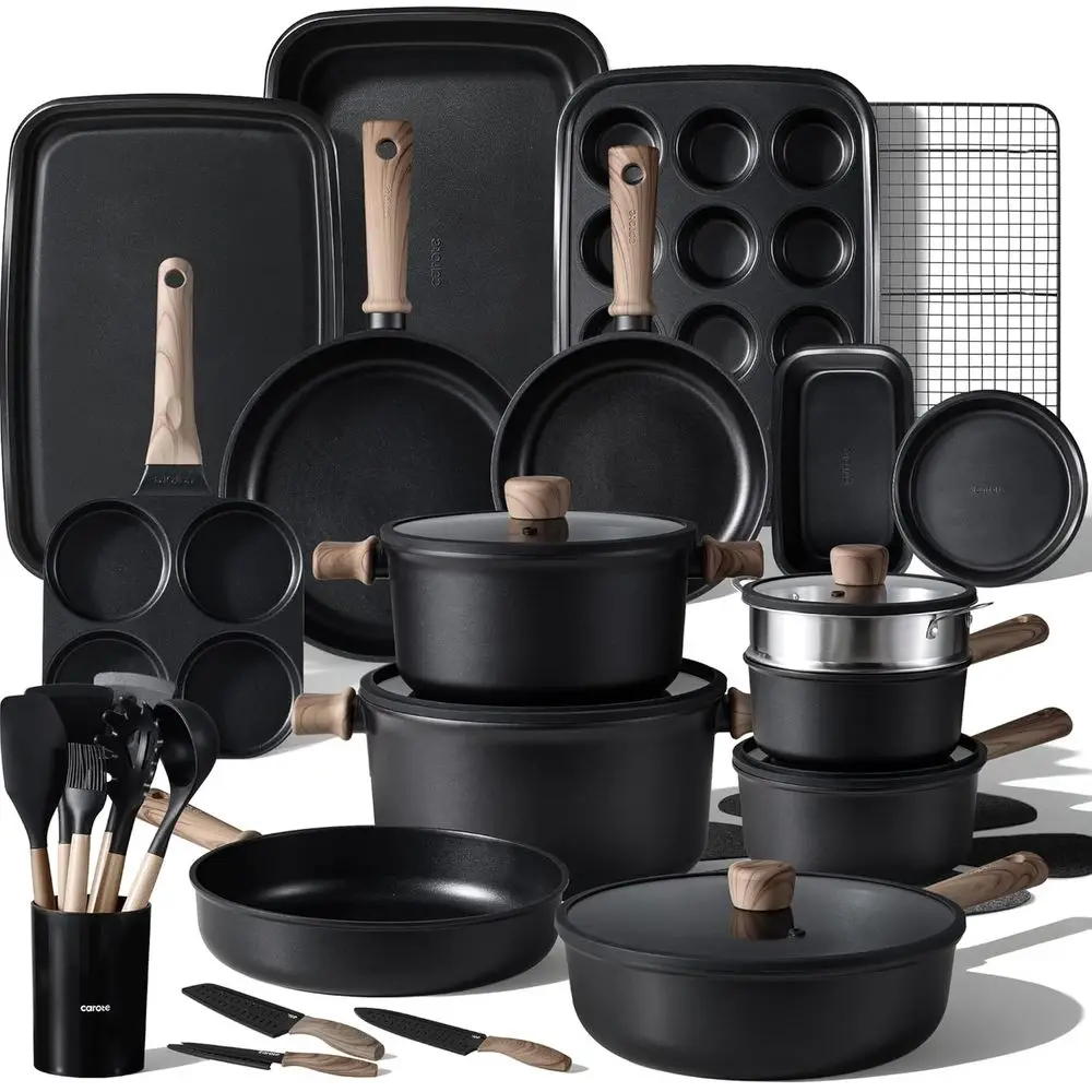 

44-Piece Nonstick Cookware Set with Induction Base, Includes Frying Pan, Black