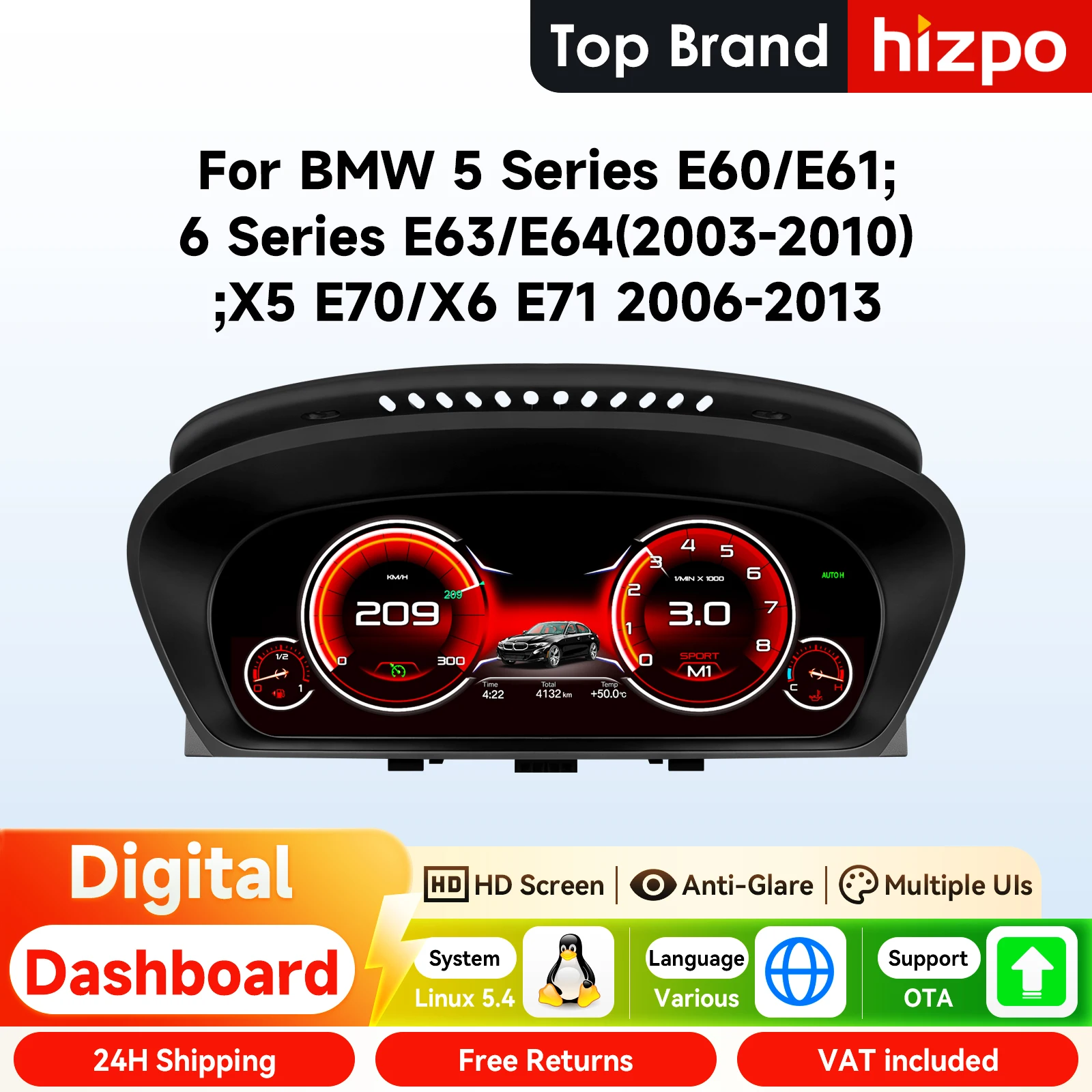 Hizpo 12,3-Zoll Digitales Kombiinstrument für BMW 5er E60 X5 E70 X6 E71 HUD 1920*720 Armaturenbrett-Tacho mit Linux-Betriebssystem