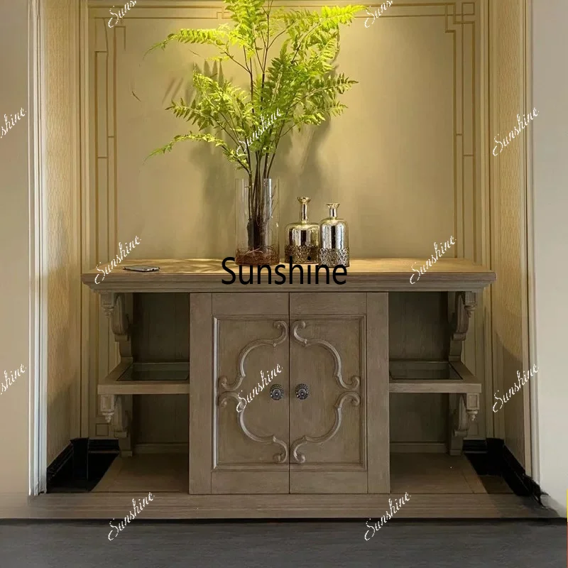 French retro solid wood porch cabinet modern simple living room carved locker