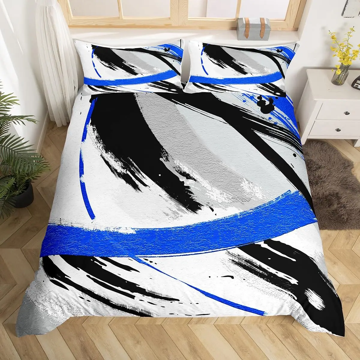 Black Grey Navy Blue Bedding Set Oil Painting Comforter Cover,Gradient Abstract Vintage Duvet Cover Ombre Graffiti Quilt Cover