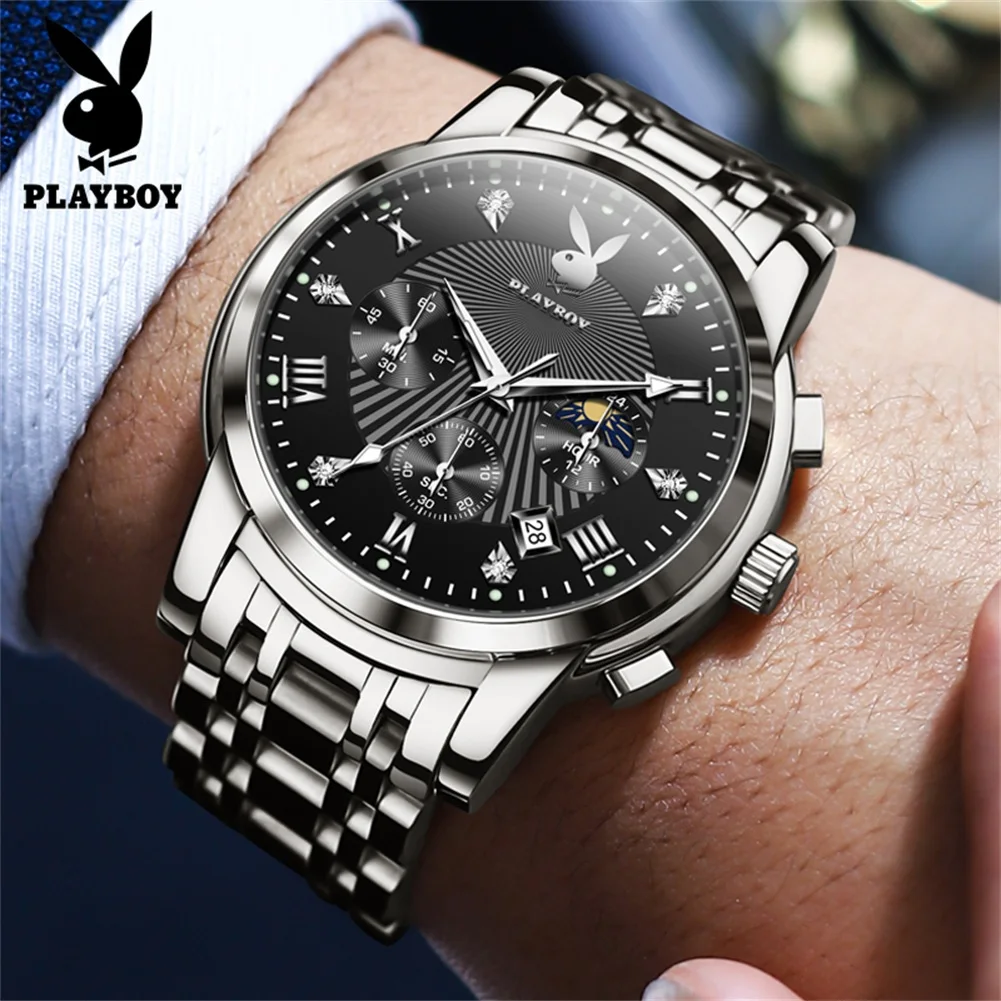 PLAYBOY Top Brand Casual Men Watch Original Stainless Steel Waterproof Quartz Watches for Men High Quality Trend Wrist Watch Men