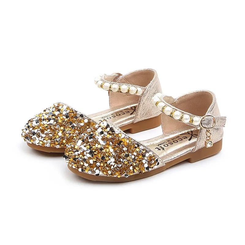 Scarpe estive per ragazze Bead Mary Janes Flats Fling Princess Shoes scarpe da ballo per bambini sandali per bambini scarpe da sposa per bambini oro