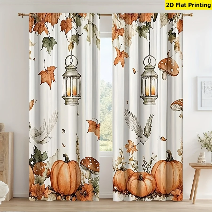 2PCS Digital Print Curtains, Autumn Pumpkin Vintage Lantern Mushroom Bird Pattern, Watercolor Hand-Drawn Style for Living Room