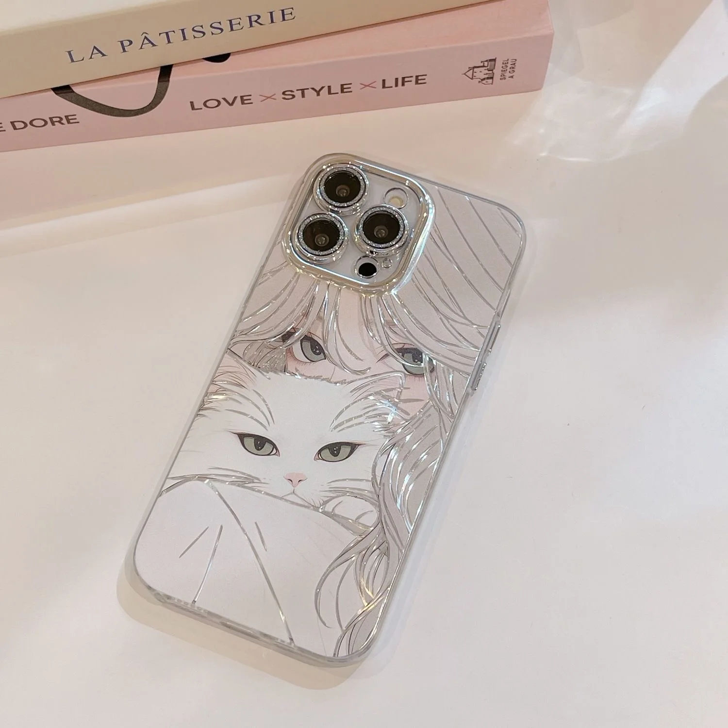 

Luxury Little white cat Girl plating silver Case protection for iPhone 16 15 13 12 11 14 Pro Max X 16 Plus bracket Coque