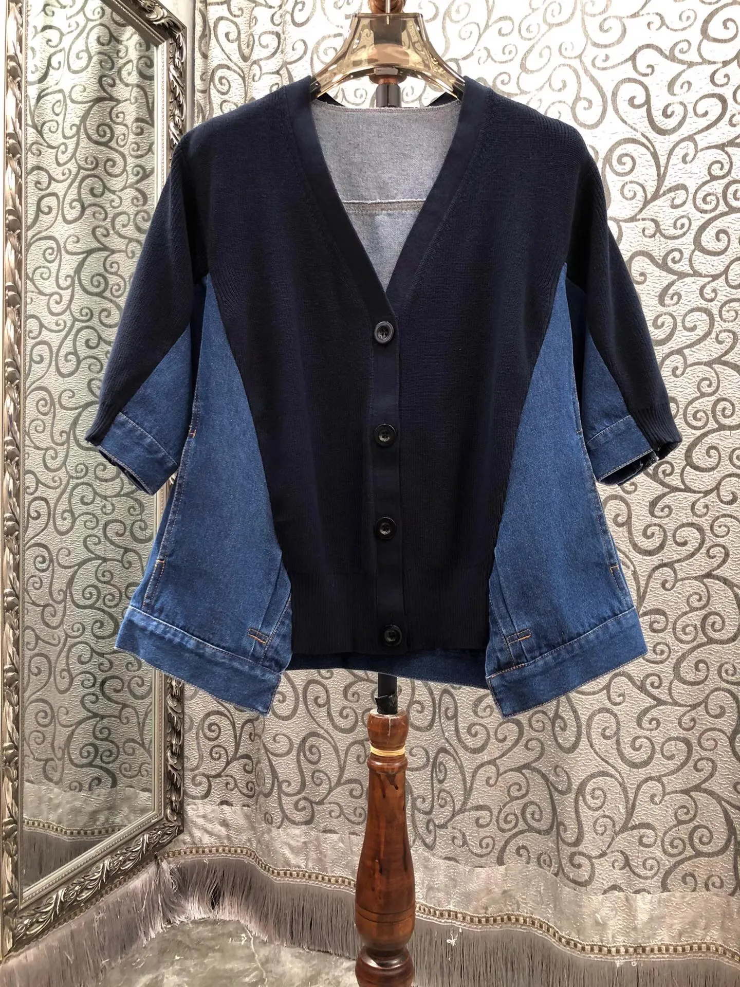 

Tops Fashion New Designer Coats 2026 Spring High Quality Knitting Denim Patchwork Short Sleeve Casual White Blue Tops Coat