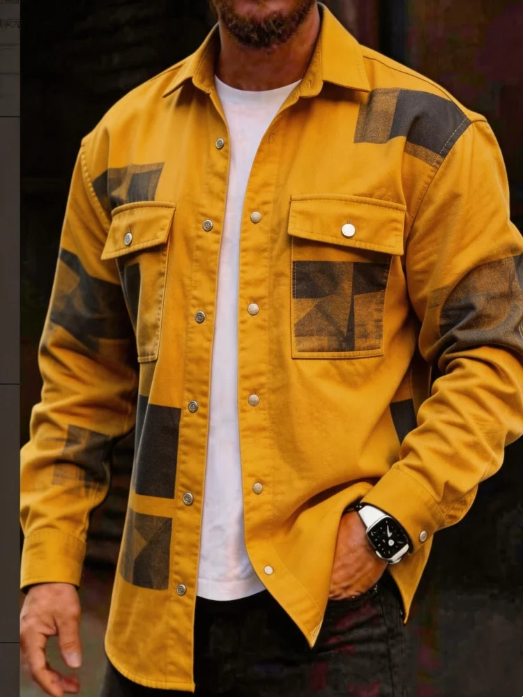 Men's Retro Color Block Geometric Fake Denim Shirt Mustard Tone Long Sleeve Button Up Fashion Casual Top