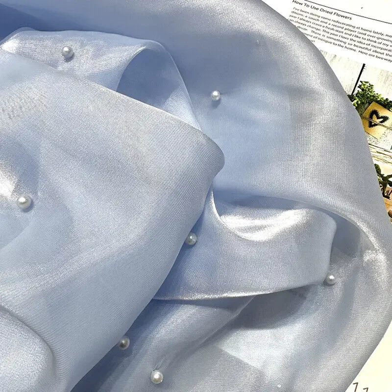 

90x150 см ткань из органзы с искусственным жемчугом для свадебного платья, DIY шитье, марля из бисера, глянцевая ткань, ткань для рукоделия, гладкий мягкий материал