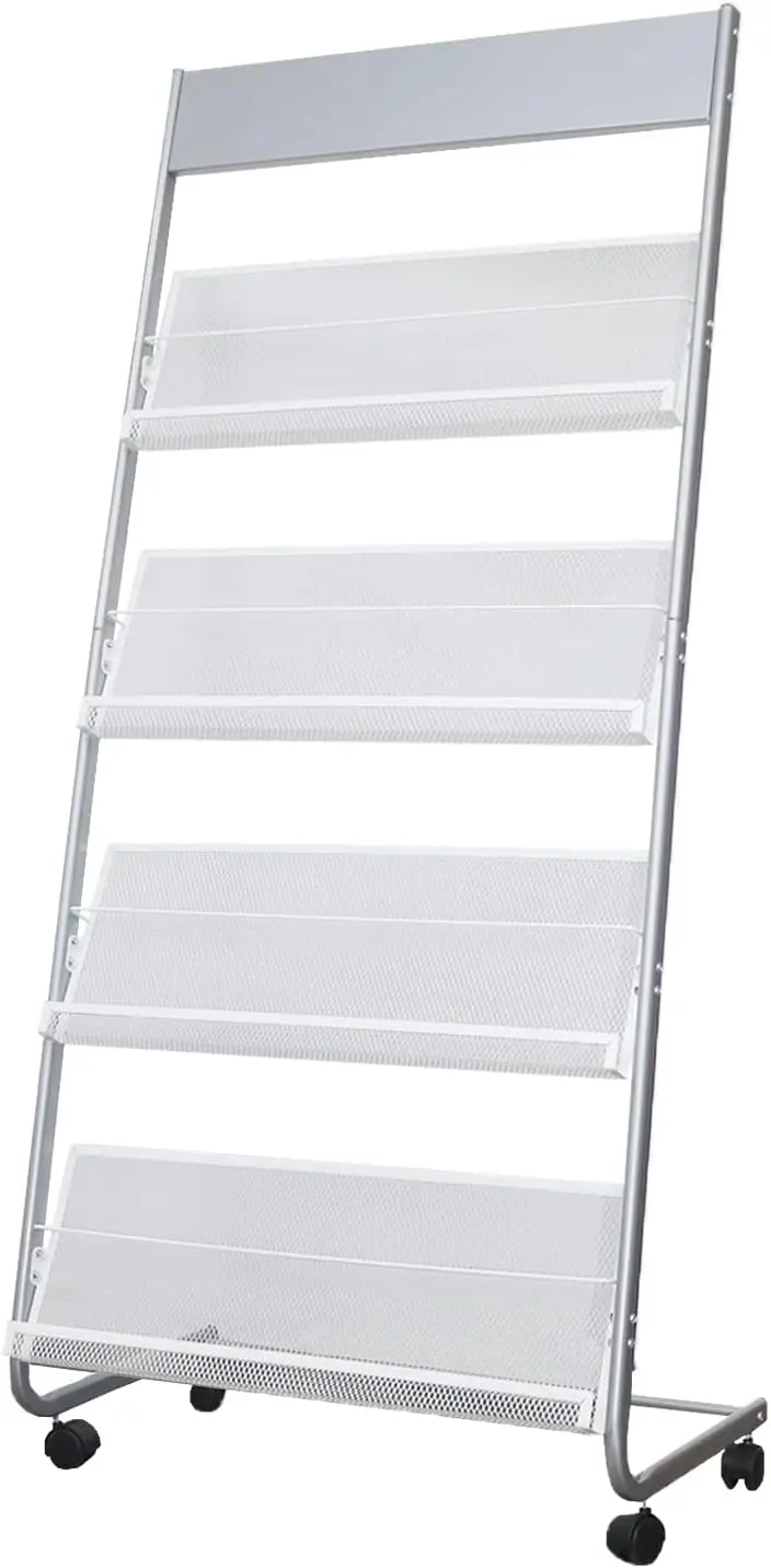 Magazine Rack, 4-Layer Iron Wheeled Newspaper Rack, Suitable for the Display of Brochures or Documents in Exhibitions, Shopping