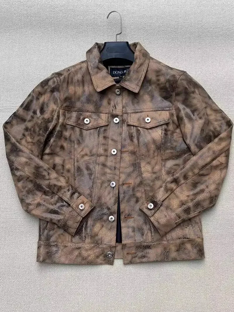 

High-end luxury imported first-layer calfskin leather jacket men's lapel pure leather denim slim locomotive