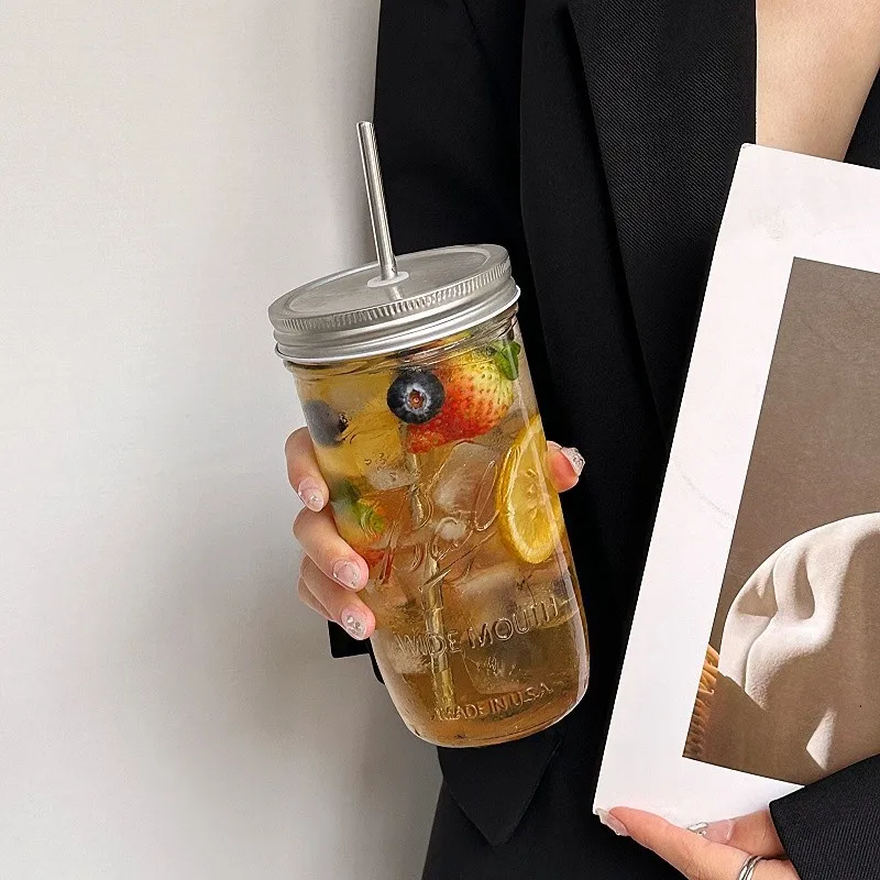 650ml Glas-Kaffeetasse mit Strohhalm-Deckel Transparente Trinkgläser Glastasse für Tee Saft Eiskaffee Becher Trinkwaren – Detail 7