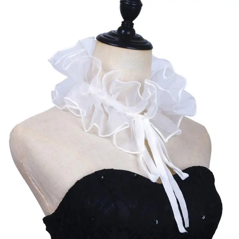 

A52E Викторианский Ренессанс, белый комплект из органзы с оборками, искусственный клоунский воротник и накладные рукава-манжеты