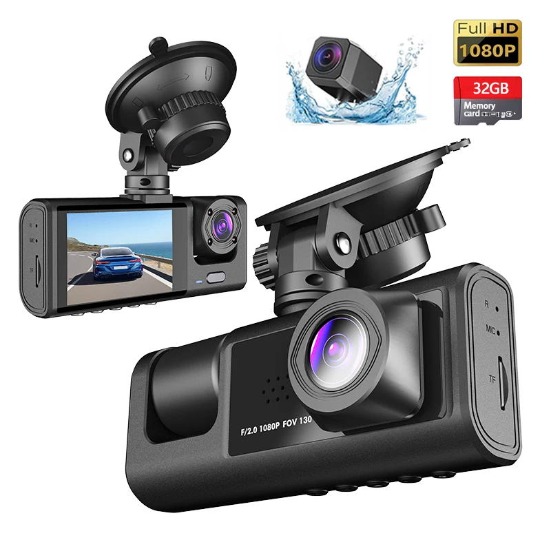 3 Channel DashCam 1080P FHD Car Camera, Front Rear Inside 3-Lens Car DVR Recorder, Equipped 2