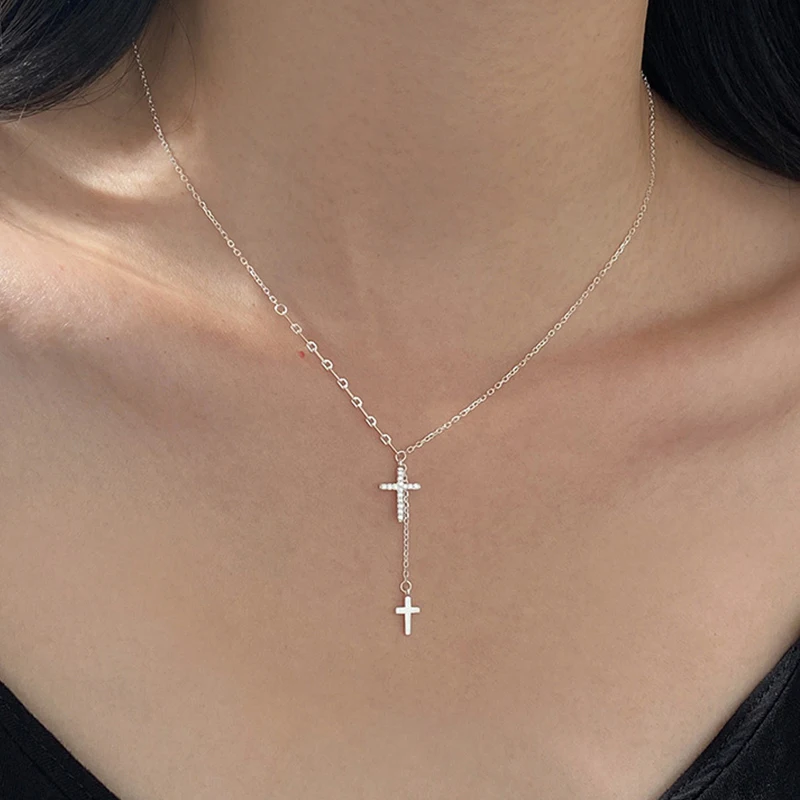 Neue S925 Kreuz-Doppelschicht-Stapelkette für Damen, leichter Luxus, jetzt mit einem hochwertigen Eindruck. – Detail 1
