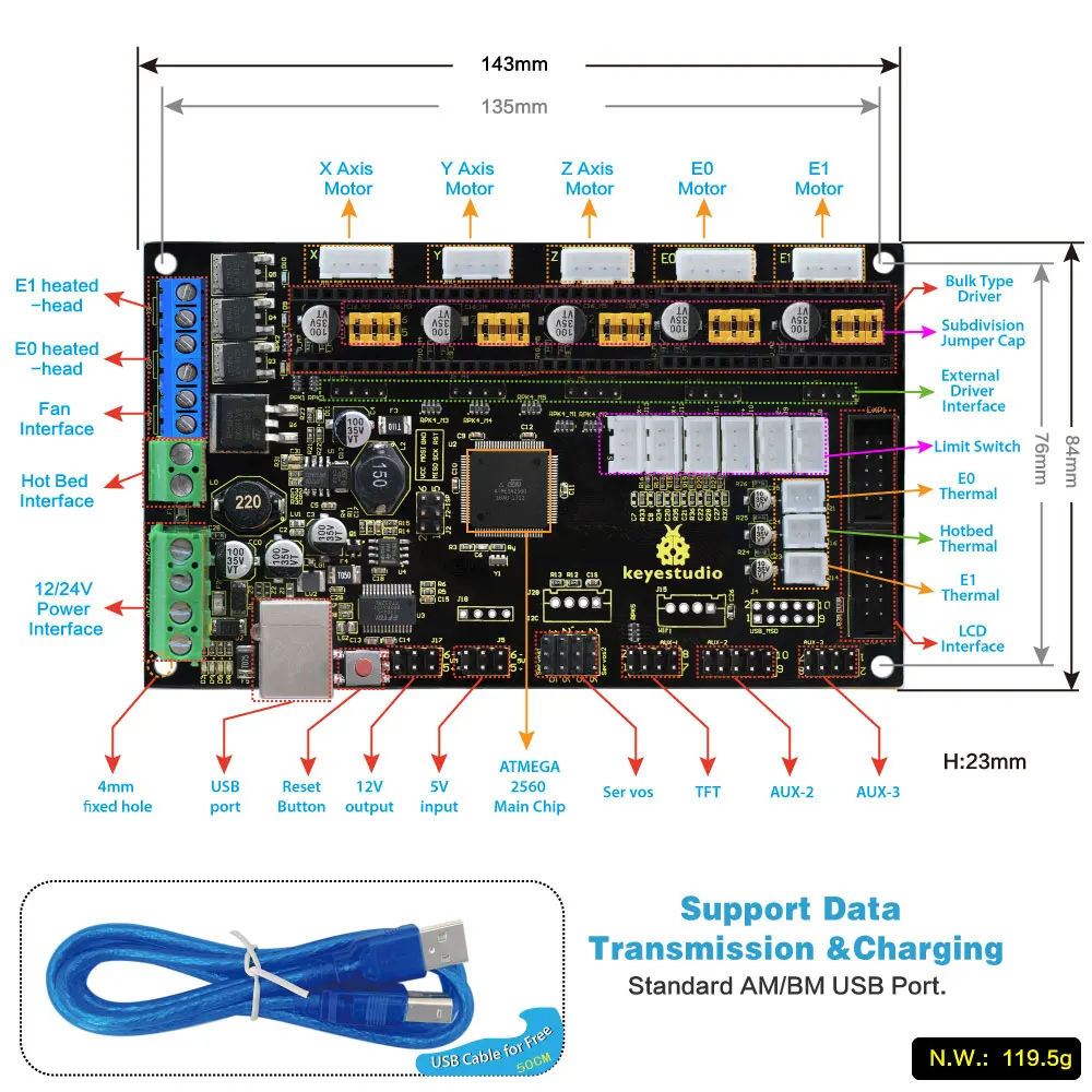 Keyestudio 3D MKS Gen V1.4 Printer Motherboard Control Board(Black &Environmental-protection) Compatible Arduino Mega 2560 board