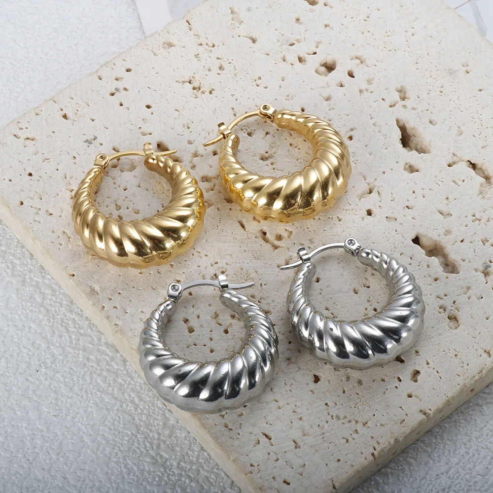 Stainless Steel Gold Color Croissant Twisted Hoop Chunky Earrings for Women Trendy Jewelry