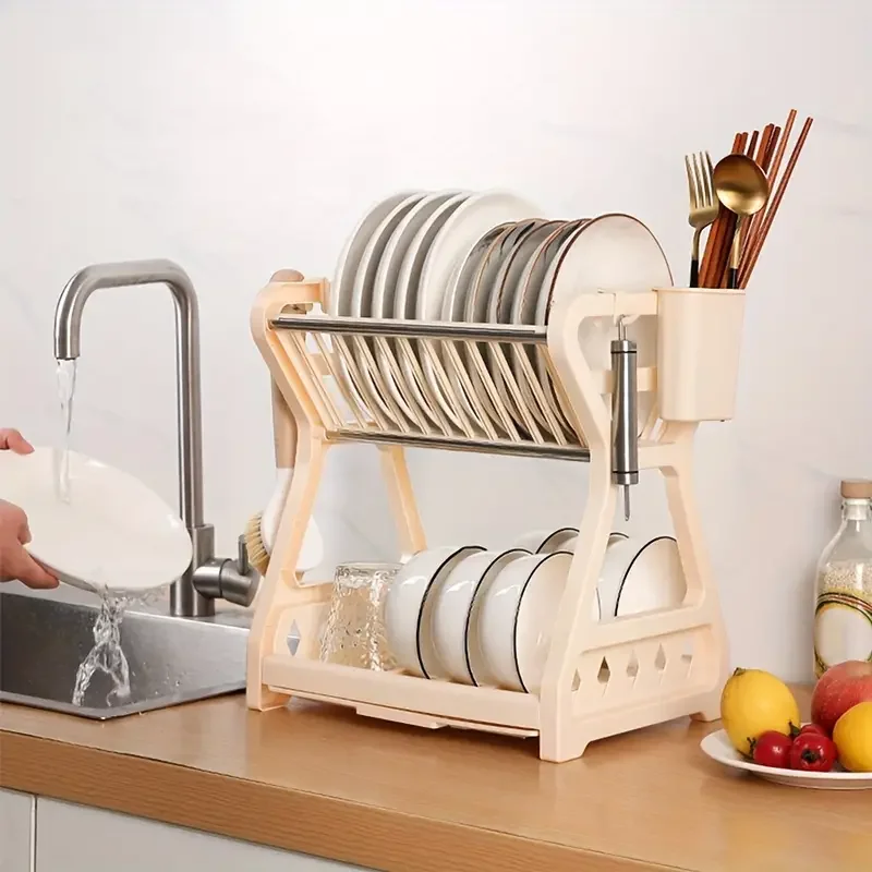 

Dish Drainer Dish Drying Rack Kitchen Storage 2 Layer Dish Drainer Shelf Knife Fork Container Holder Cutting Board Stand