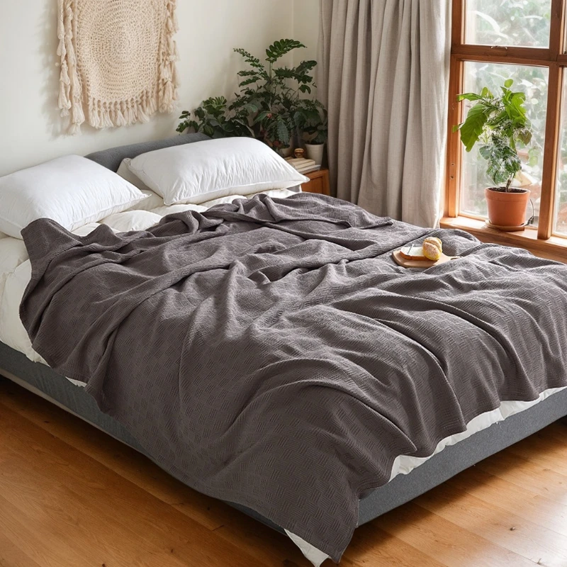 

Solid Color 100% Cotton Gauze Knitted Blanket Four Season Universal Thousand Bird Grid Double-layer Blanket Ooffice Nap Blanket