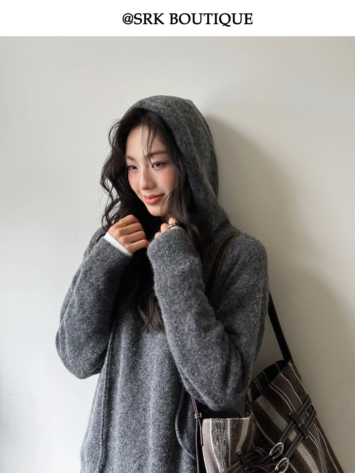 

SRK ey Hooded Loose Women's Knitted Sweater Versatile Comfortable Lazy Sle Top New Arrival Autumn Winter Season