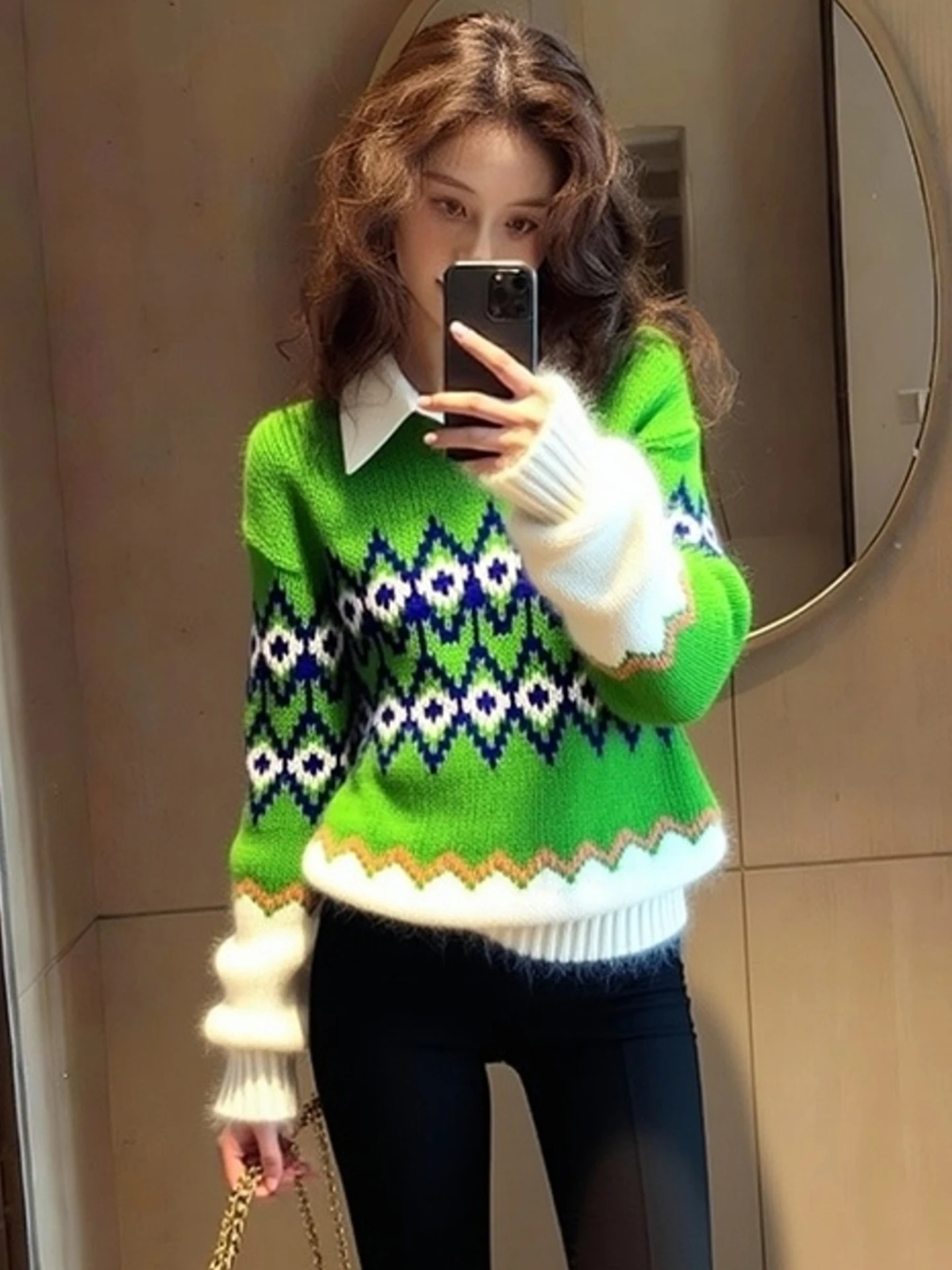 

Длинный трикотаж в стиле ретро с блузным дизайном, универсальный зимний свитер-камер для поездок на работу, уникальный корейский свободный крой