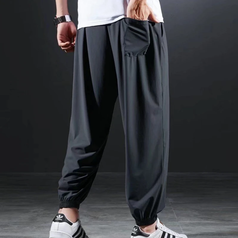 Summer Quick-drying Ice Silk Casual Pants Men\'s Ultra-thin Elastic Nine-point Pants Loose Drape Solid  Beam Feet Pants 7XL