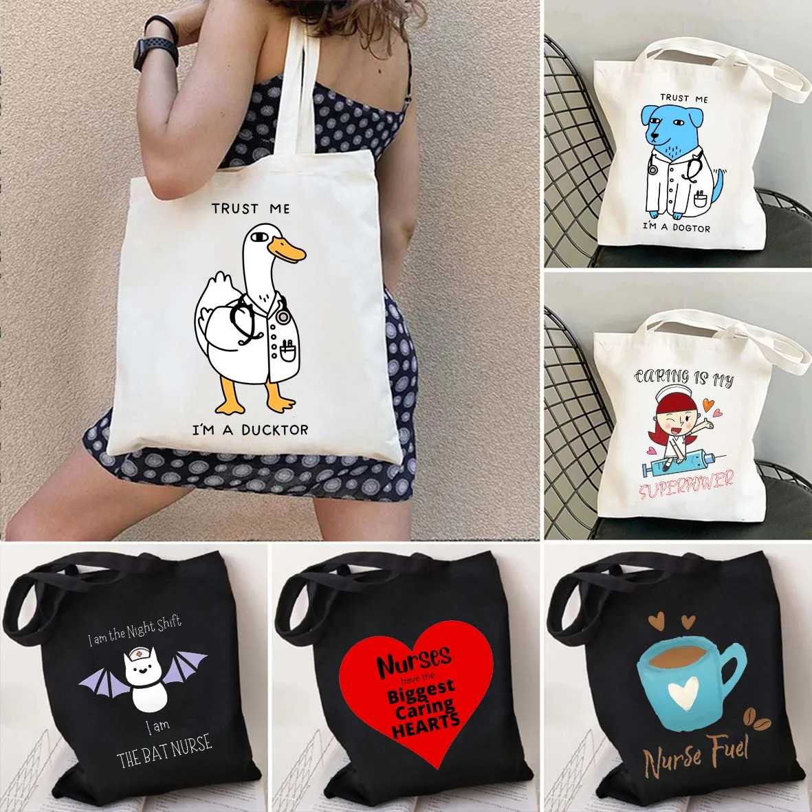 

Cute Nursing Doctor Nurse Medical Medicine Heart Flower Stethoscope Men Women Shoulder Shopper Canvas Tote Bag Shopping Handbags