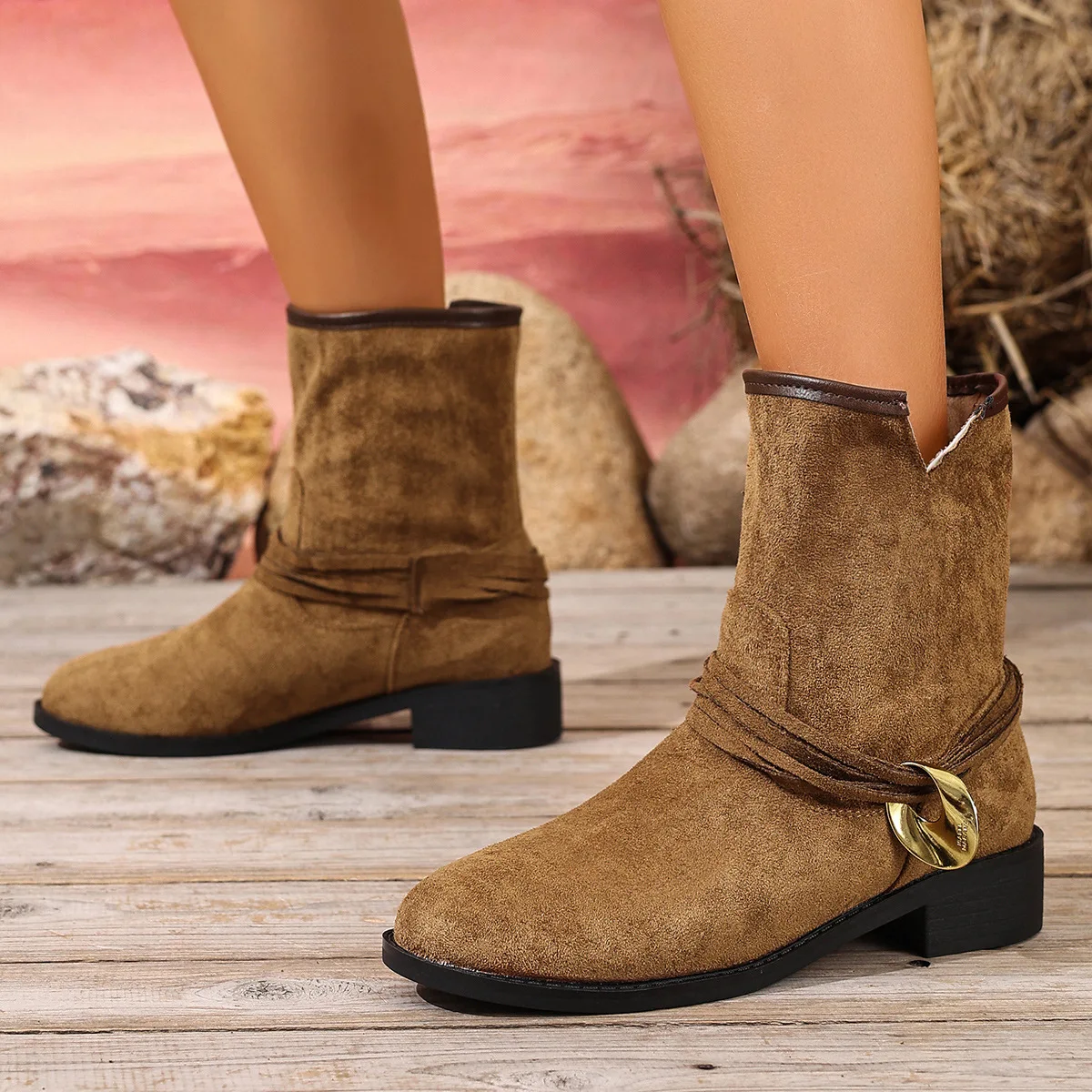

Women's British-Style Suede Mid-Heel Western Boots with Metal Buckle Oversized Sleeve Autumn New 2025