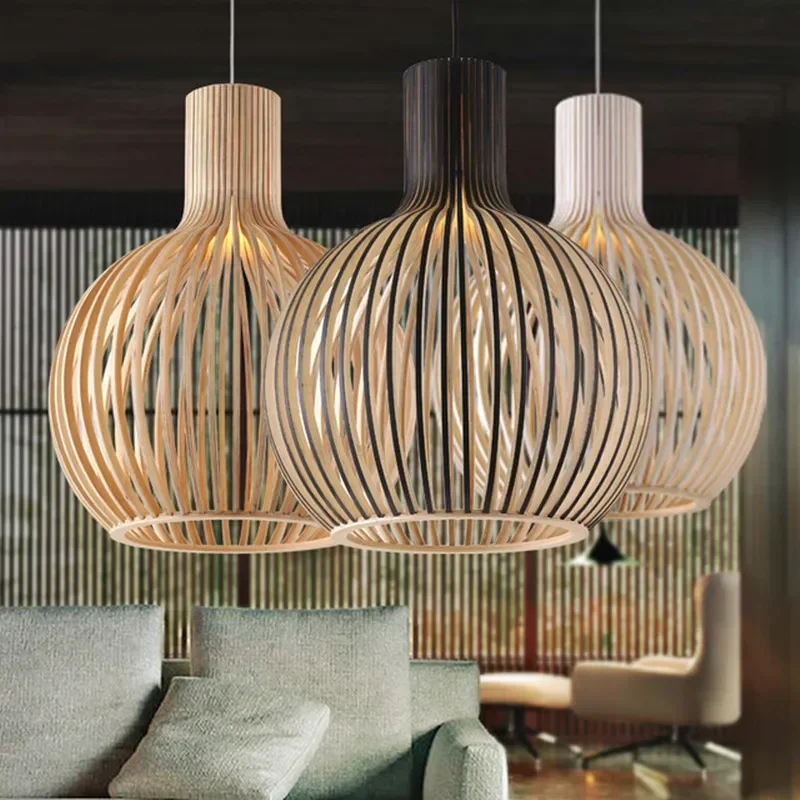 Nordic Birdcage LED Chandelier Wooden Ceiling Indoor Lighting Holland Wood Restaurant Cafe Living Room Decoration Pendant Lamps