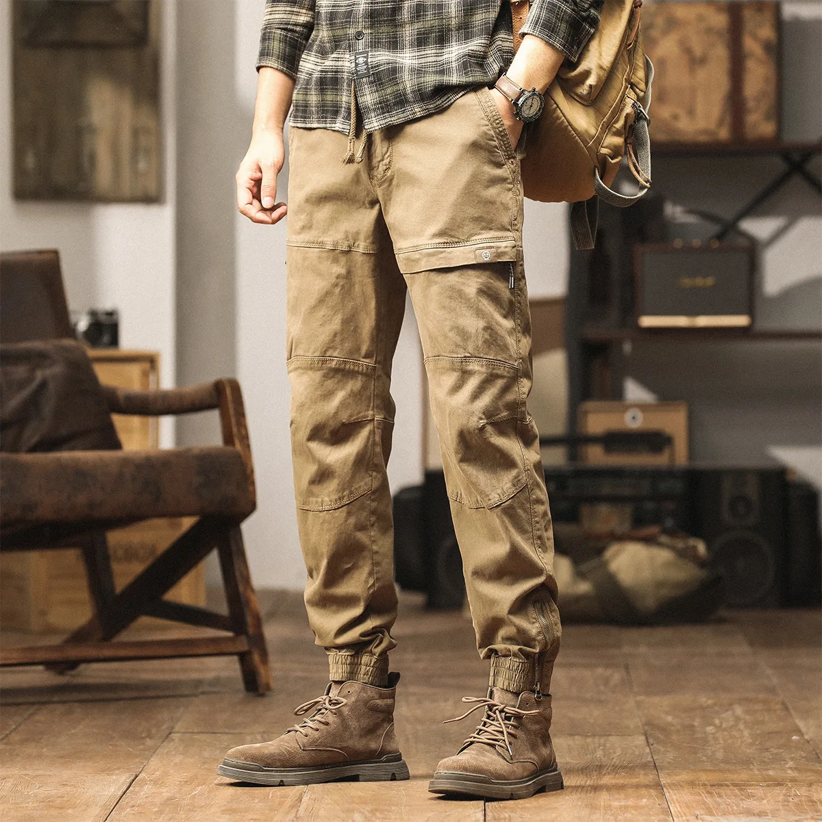 

American style New Fashion Men's Solid Color Spliced Casual Trendy Simple Basic Loose Cotton Cargo Trousers Male Pants Clothes